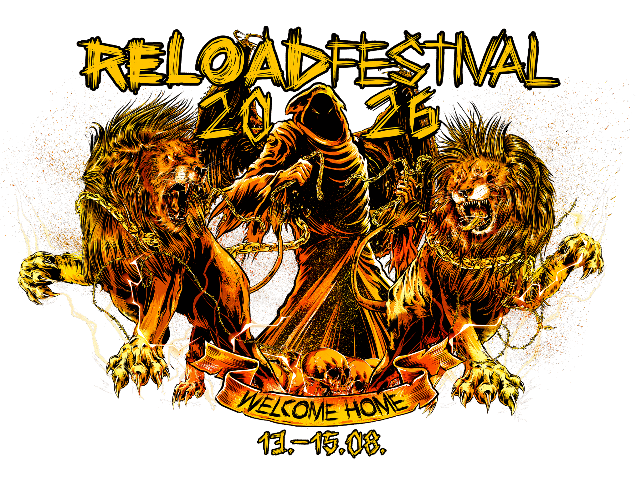 Illustration des Reload Festivals 2026 mit zwei Löwen und einer Figur in der Mitte